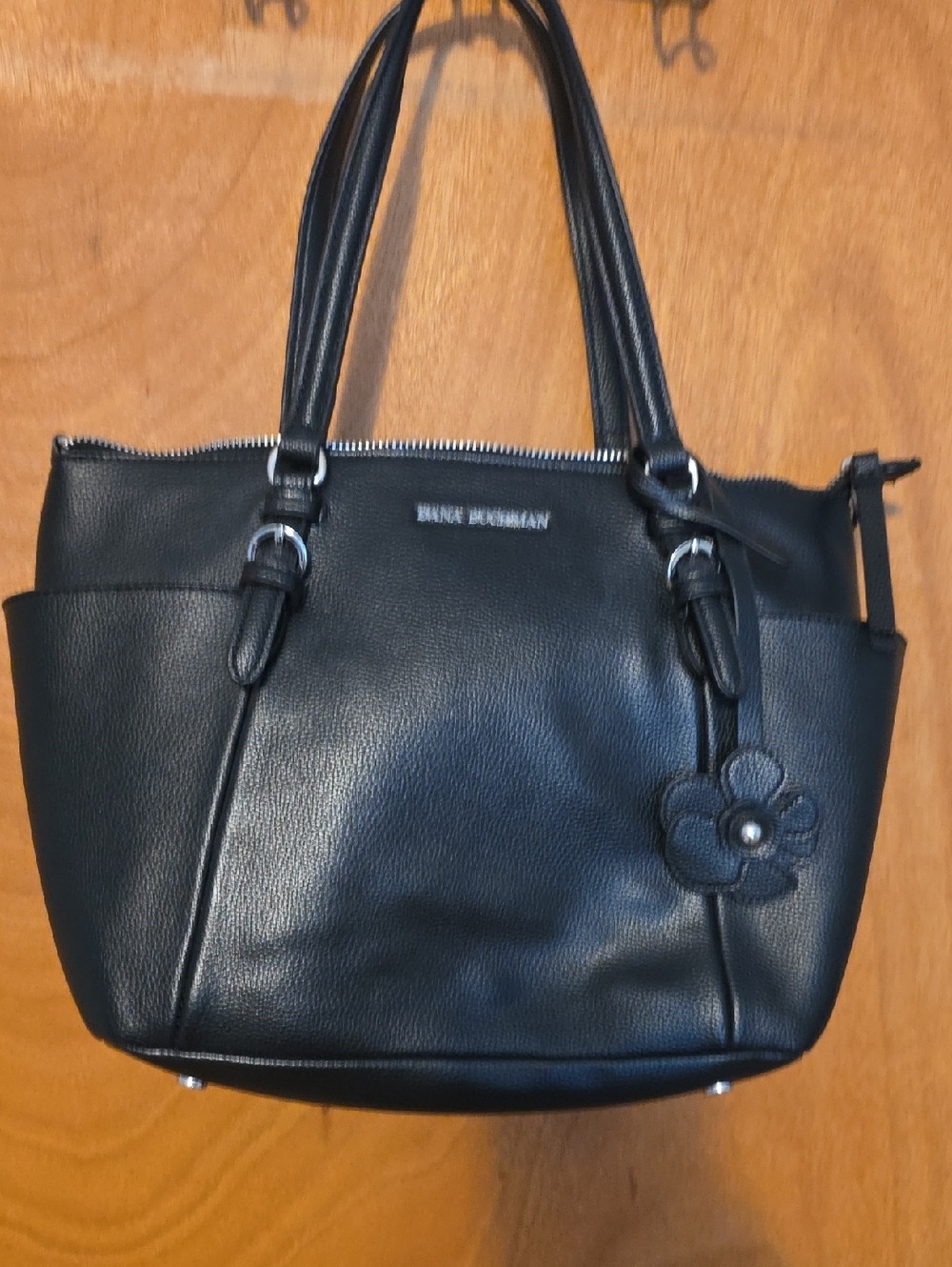 Dana Buchman Black Pebbled Satchel with Floral Charm
